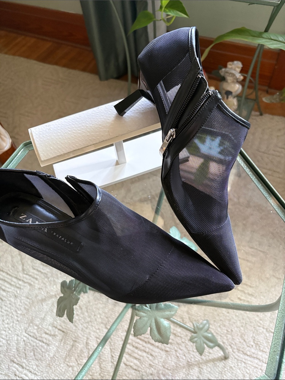 Zara Black Pointed Mesh Ankle Heels with Side Zip